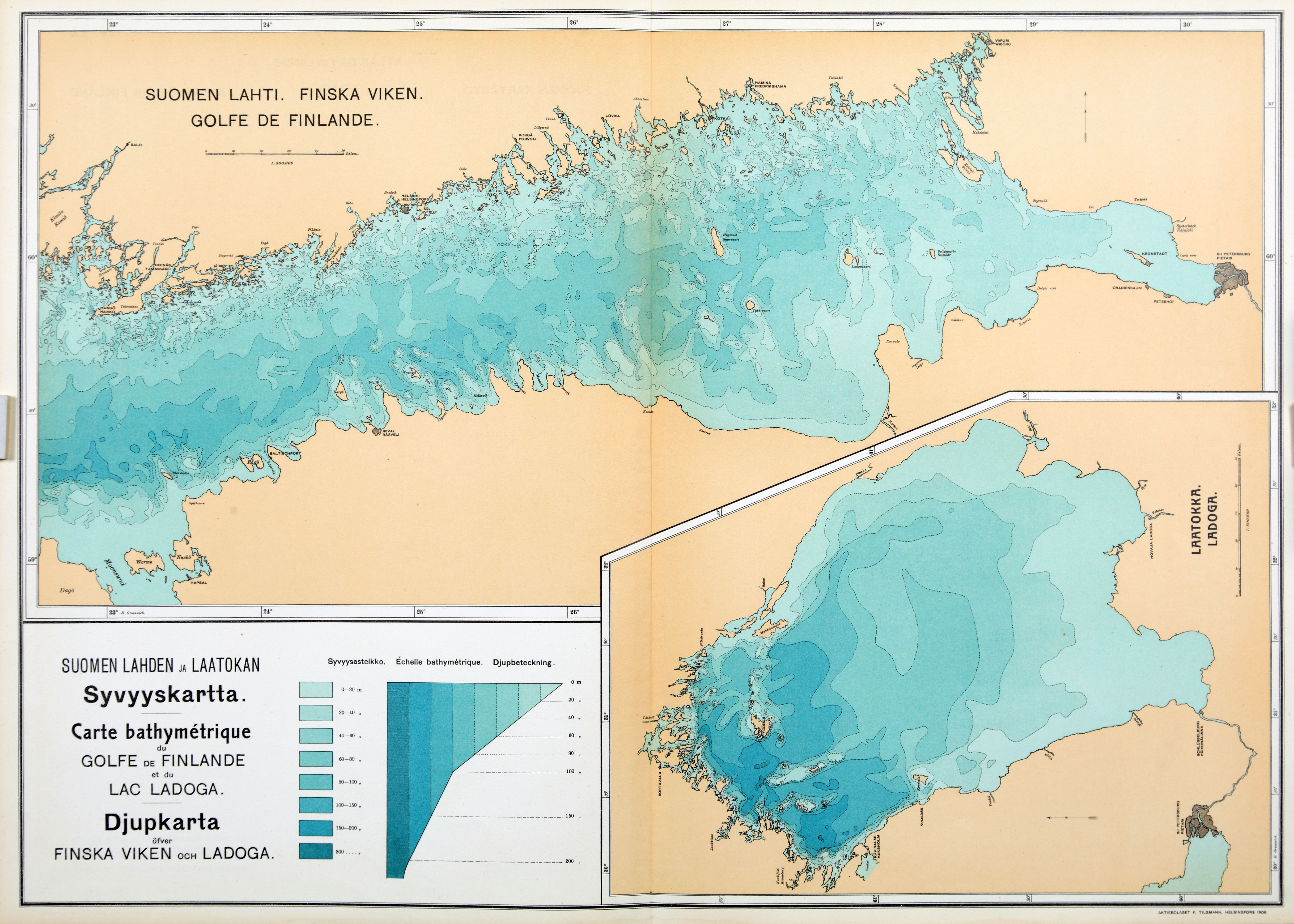 11. Suomenlahden ja Laatokan syvyyskartta – Djupkarta öfver Finska viken  och Ladoga 